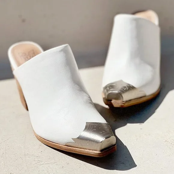 NEW White PU Leather Silver Metal Pointy Square Toe Block Heel Western Mule Shoe - Picture 7 of 13